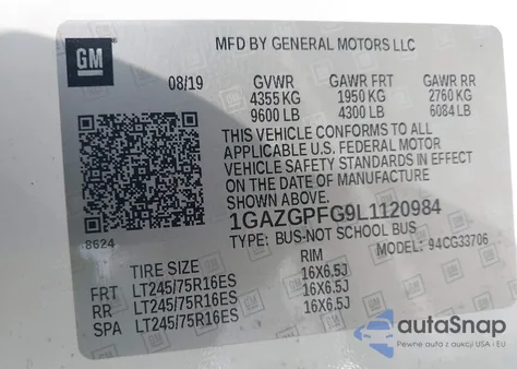 2020 Chevrolet Express Passenger Rwd 3500 Extended Wheelbase Lt from USA, damaged, VIN 1GAZGPFG9L1120984